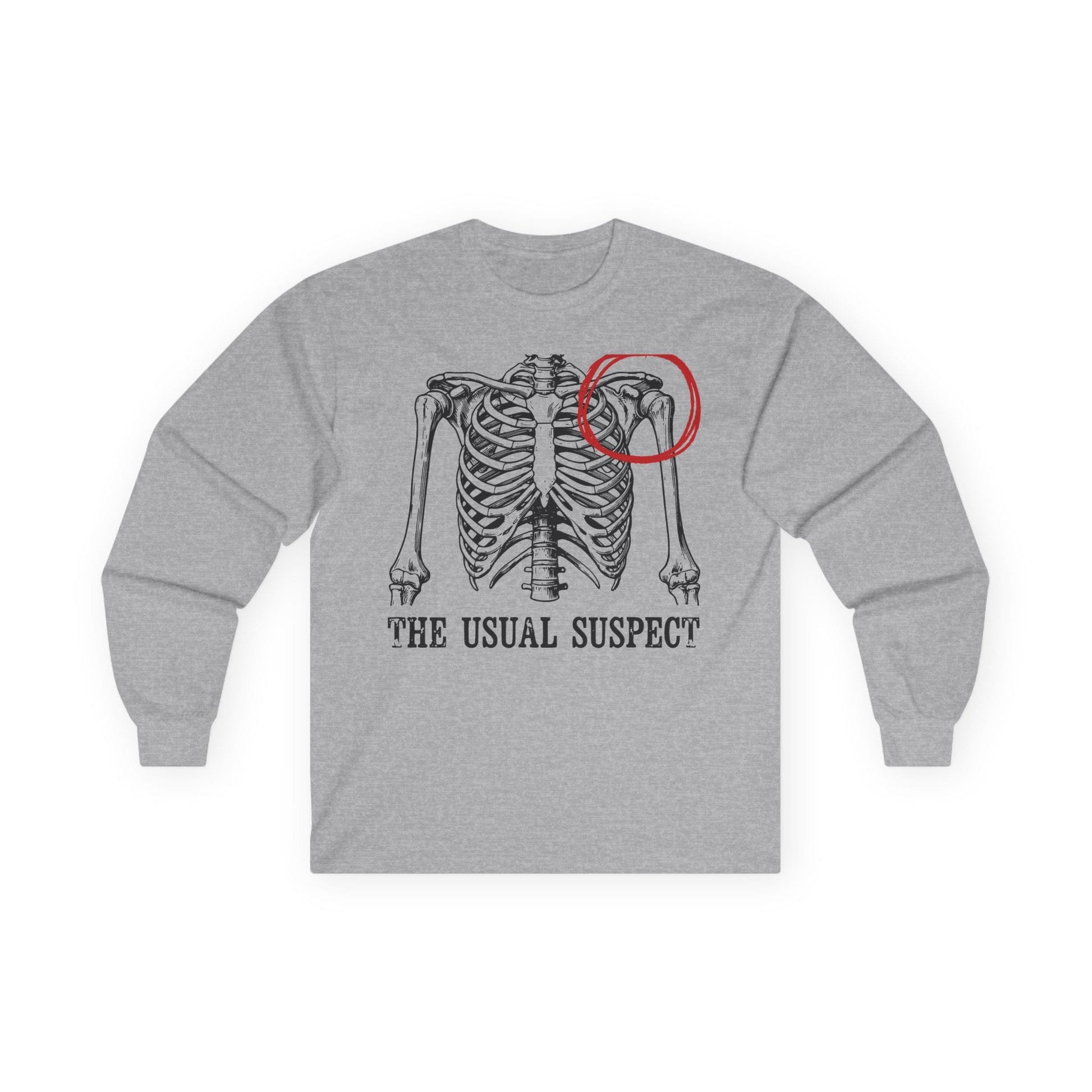 Sport grey long sleeve tee printed with "The Usual Suspect" in black, with a skeleton ribcage with one shoulder circled in red