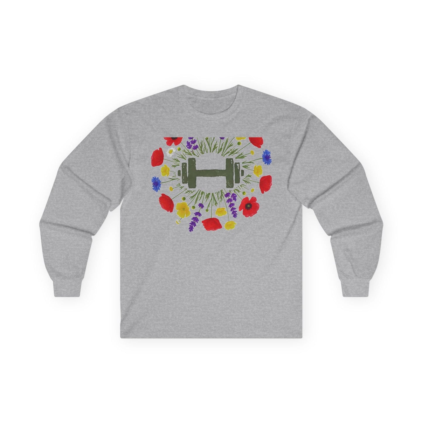 Sport grey long sleeve tee printed with a wreath of red and purple wildflowers around a green dumbbell