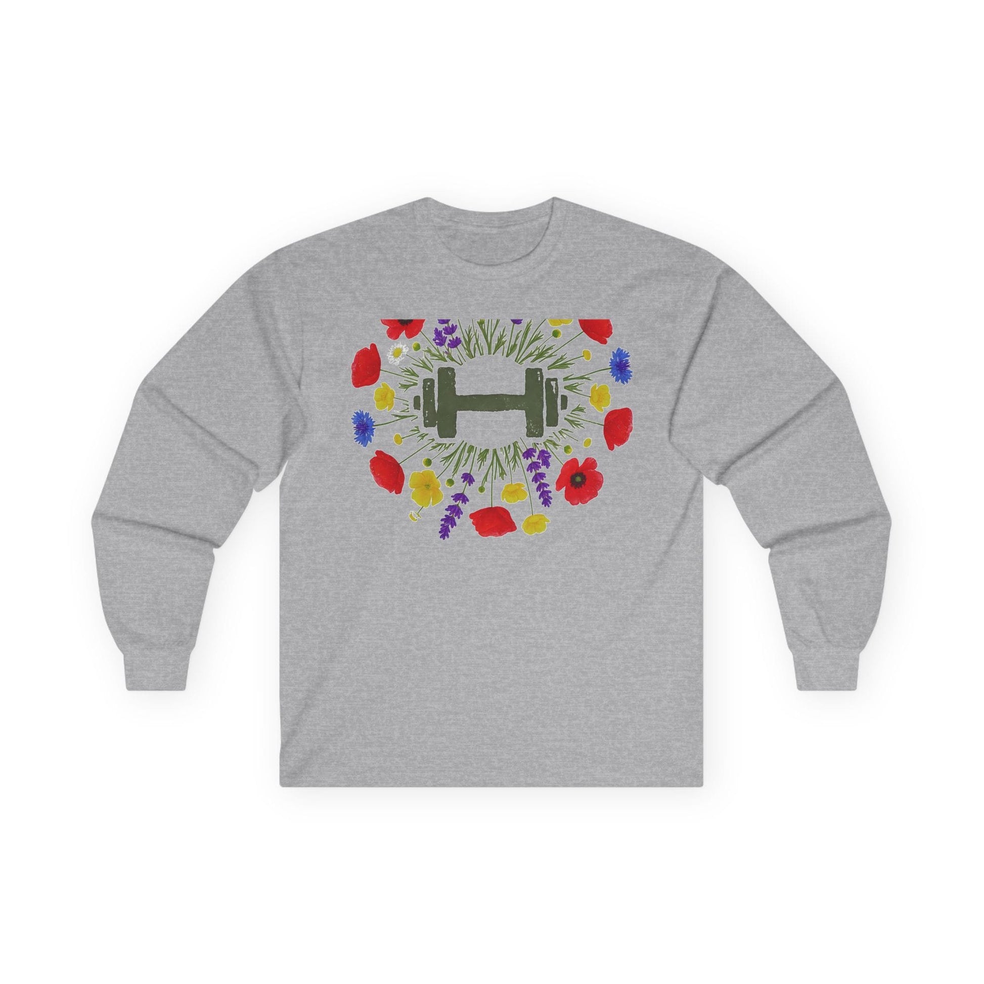 Sport grey long sleeve tee printed with a wreath of red and purple wildflowers around a green dumbbell