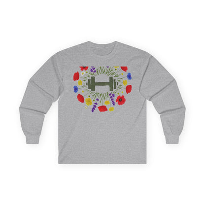 Sport grey long sleeve tee printed with a wreath of red and purple wildflowers around a green dumbbell