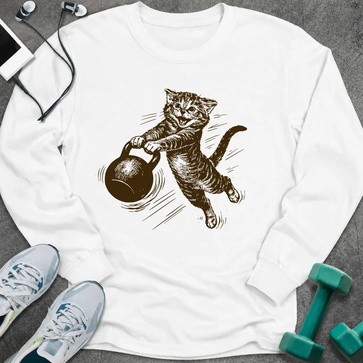 White long sleeve tee printed with a sepia sketch of a cat swinging a kettlebell