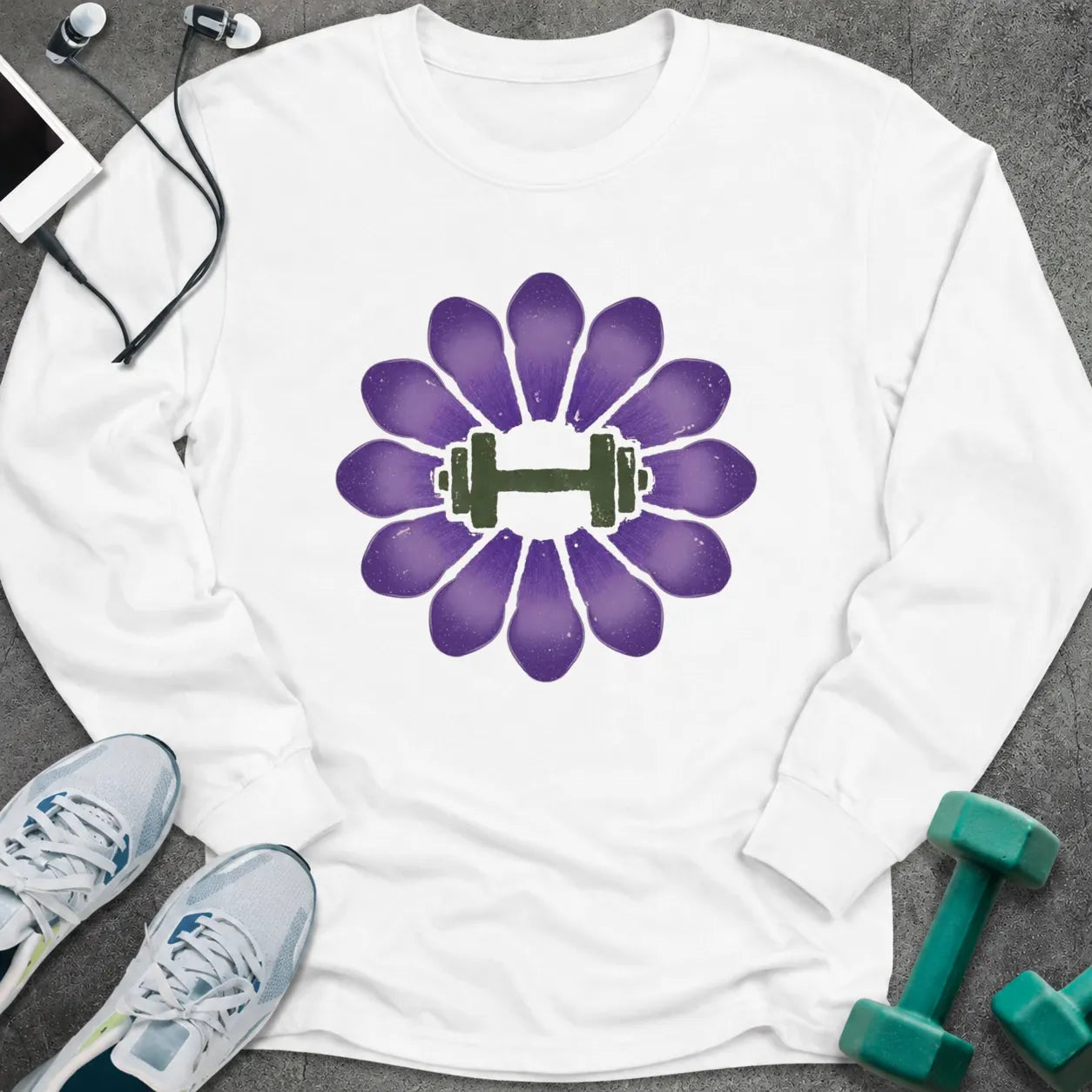 White long sleeve tee printed with a purple crocus with a green dumbbell at its center