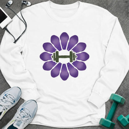 White long sleeve tee printed with a purple crocus with a green dumbbell at its center