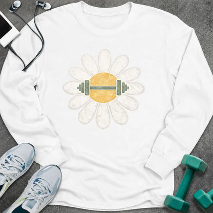 White long sleeve tee printed with a white daisy with a barbell through its center
