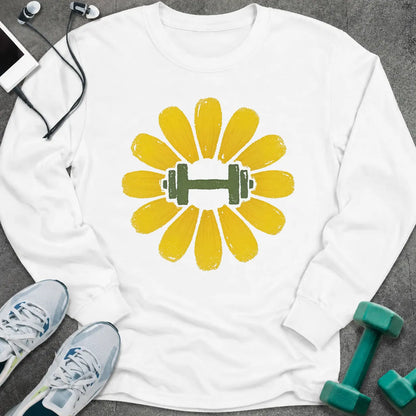 White long sleeve tee printed with a yellow flower with a green dumbbell at its center