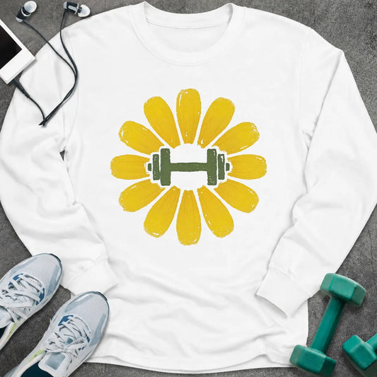 White long sleeve tee printed with a yellow flower with a green dumbbell at its center