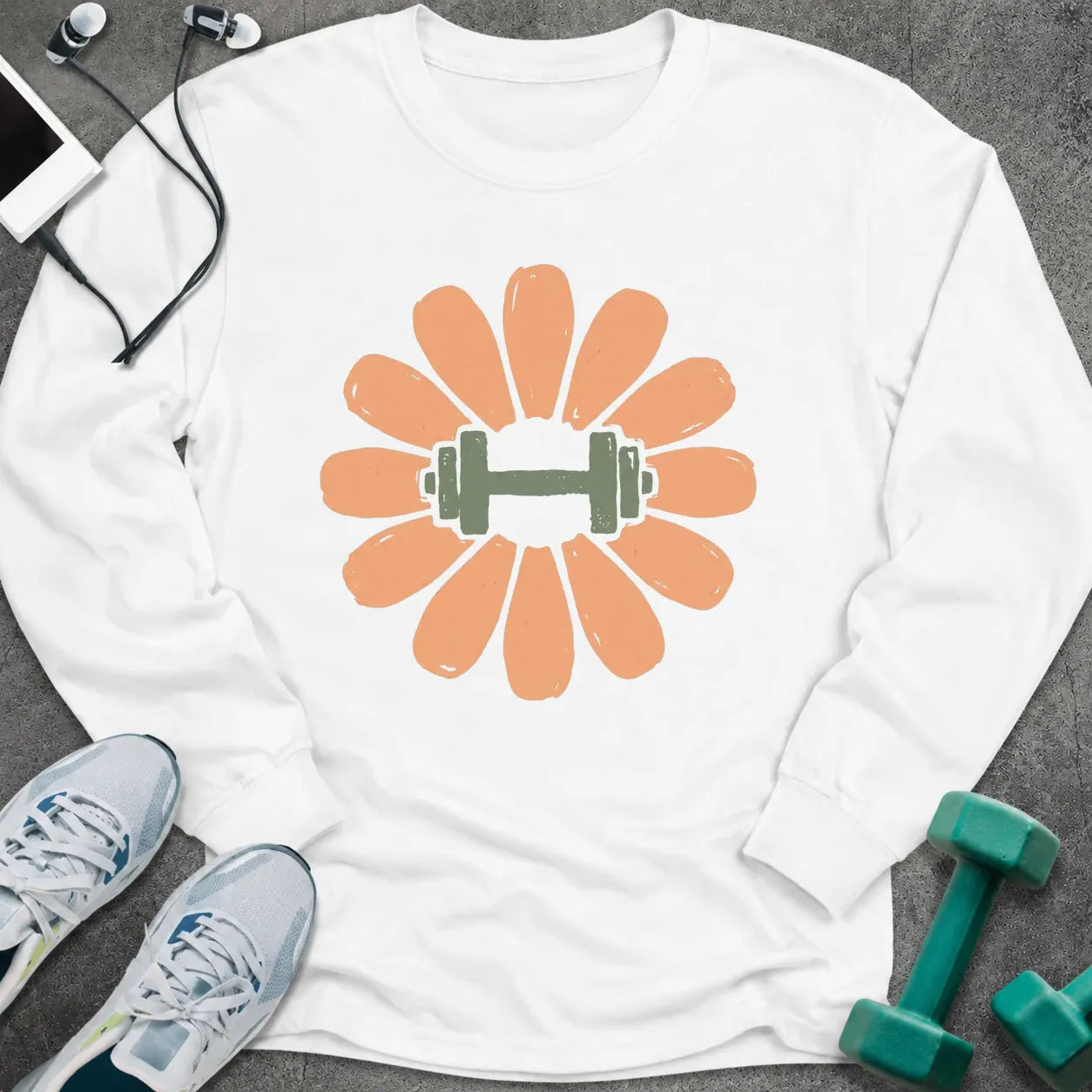 White long sleeve tee printed with a peach flower with a green dumbbell at its center
