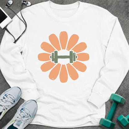 White long sleeve tee printed with a peach flower with a green dumbbell at its center