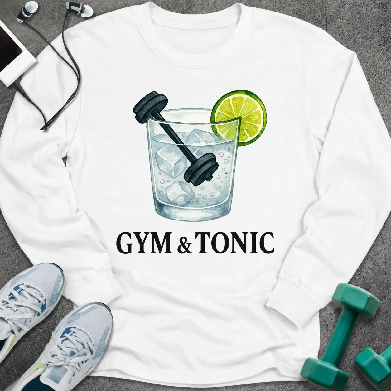 White long sleeve tee printed with "Gym & Tonic" in black, with a tonic glass holding a lime wedge and a dumbbell