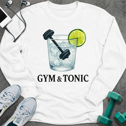 White long sleeve tee printed with "Gym & Tonic" in black, with a tonic glass holding a lime wedge and a dumbbell