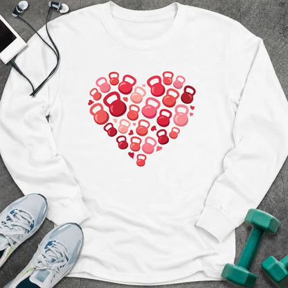 White long sleeve tee printed with a heart built from red and pink kettlebells
