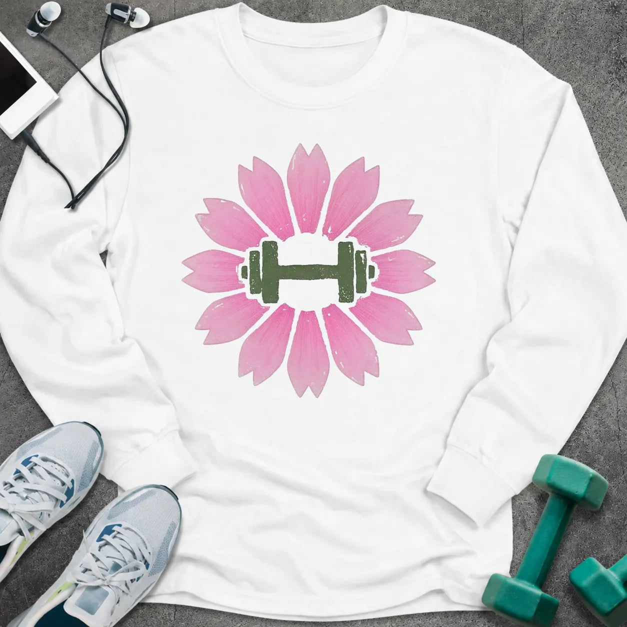 White long sleeve tee printed with a pink cherry blossom with a green dumbbell at its center