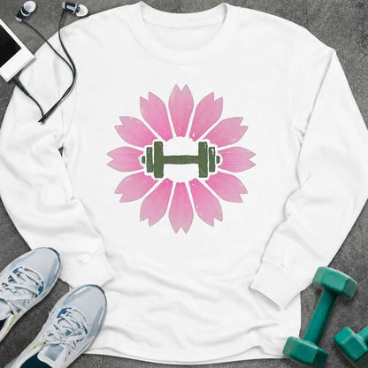 White long sleeve tee printed with a pink cherry blossom with a green dumbbell at its center