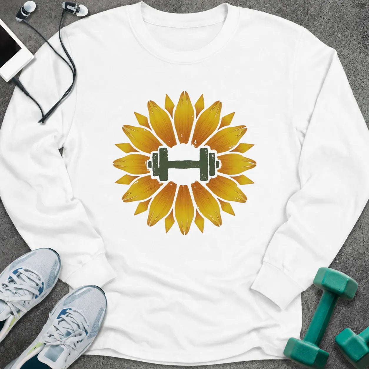 White long sleeve tee printed with a sunflower with a green dumbbell at its center