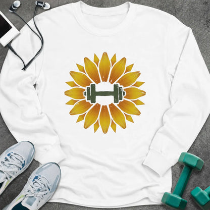 White long sleeve tee printed with a sunflower with a green dumbbell at its center