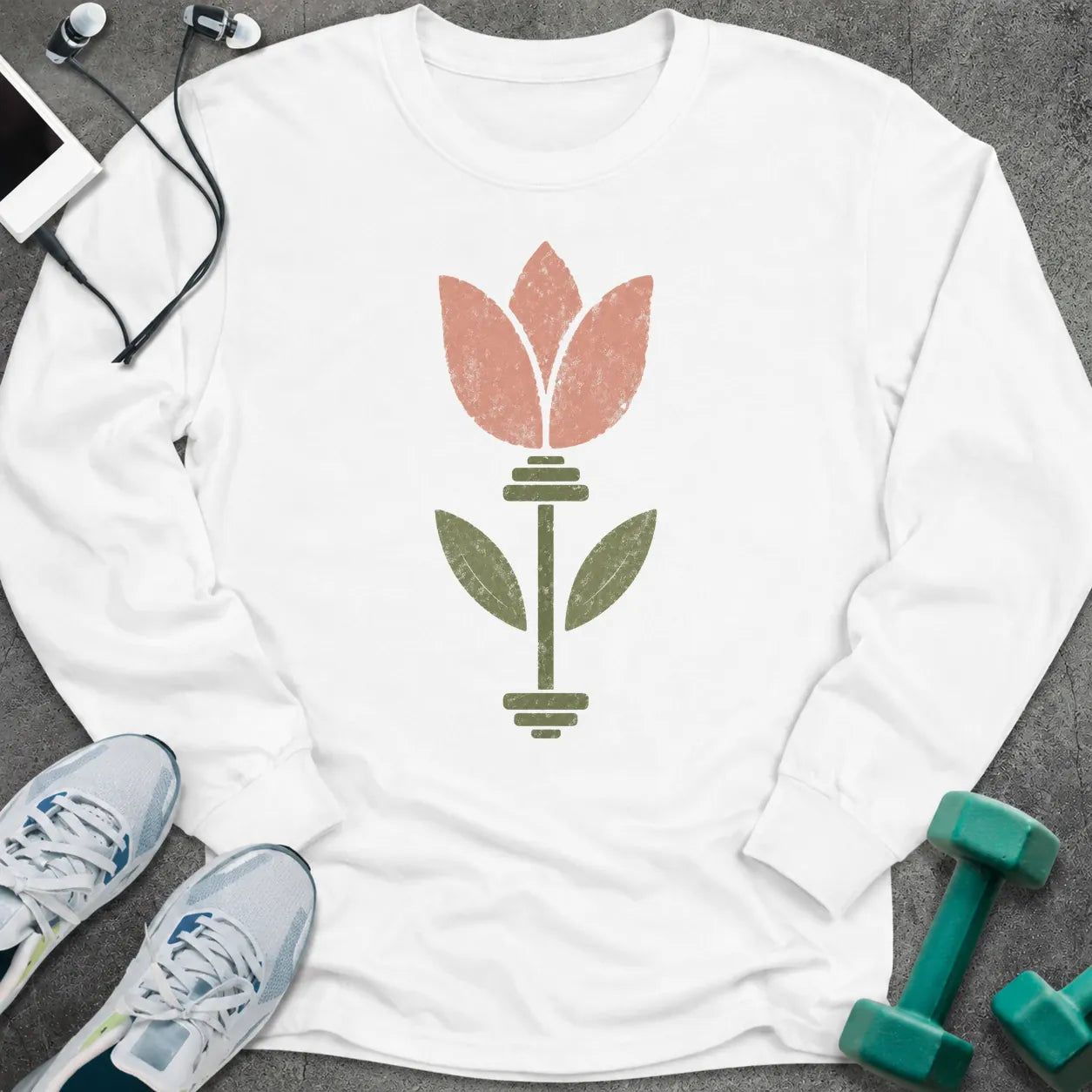 White long sleeve tee printed with a pink tulip growing from a barbell stem