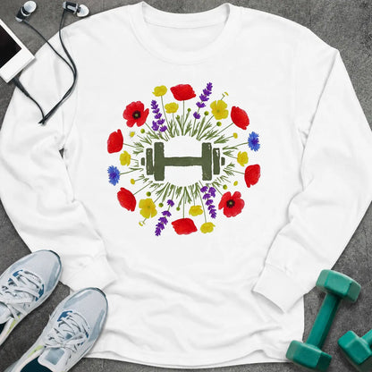 White long sleeve tee printed with a wreath of red and purple wildflowers around a green dumbbell