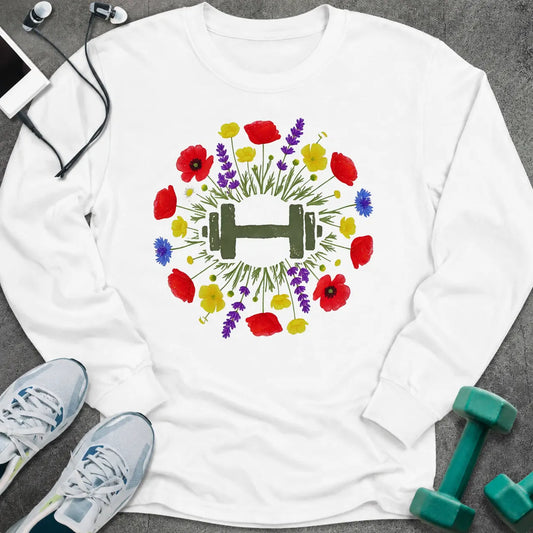 White long sleeve tee printed with a wreath of red and purple wildflowers around a green dumbbell