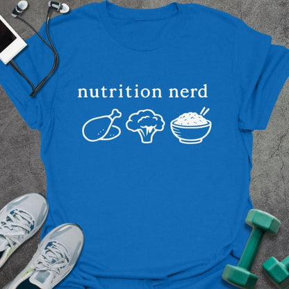 Blue t-shirt showing "nutrition nerd" text with chicken, broccoli, and rice bowl icons in white