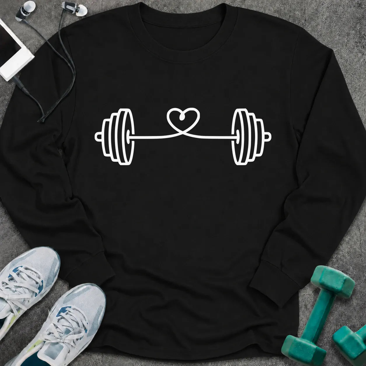 Black long sleeve tee printed with a barbell strung with a looping heart in white