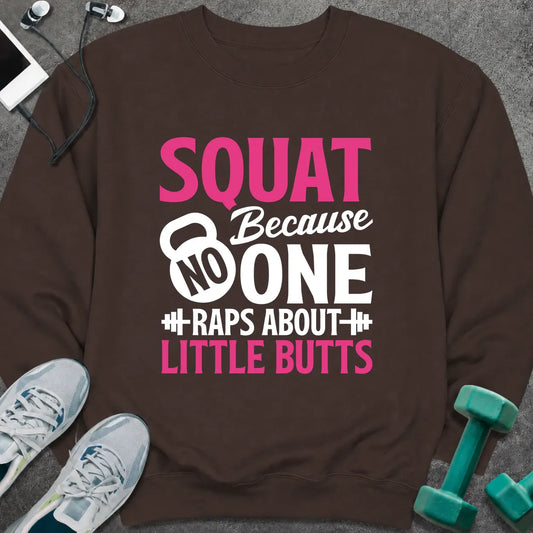 Chocolate brown sweatshirt printed with "SQUAT Because NO ONE RAPS ABOUT LITTLE BUTTS", with a kettlebell and small dumbbell icons