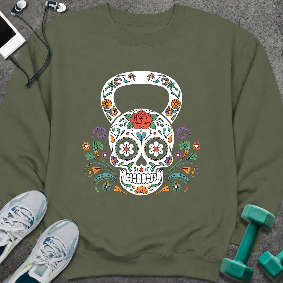 Sweatshirt S / Military Green Floral Kettlebell Sweatshirt