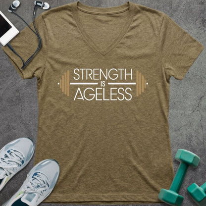 T-shirt printed with "Strength is Ageless" in white and gold, with barbell design elements