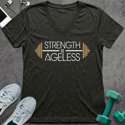 T-shirt printed with "Strength is Ageless" in white and gold, with barbell design elements
