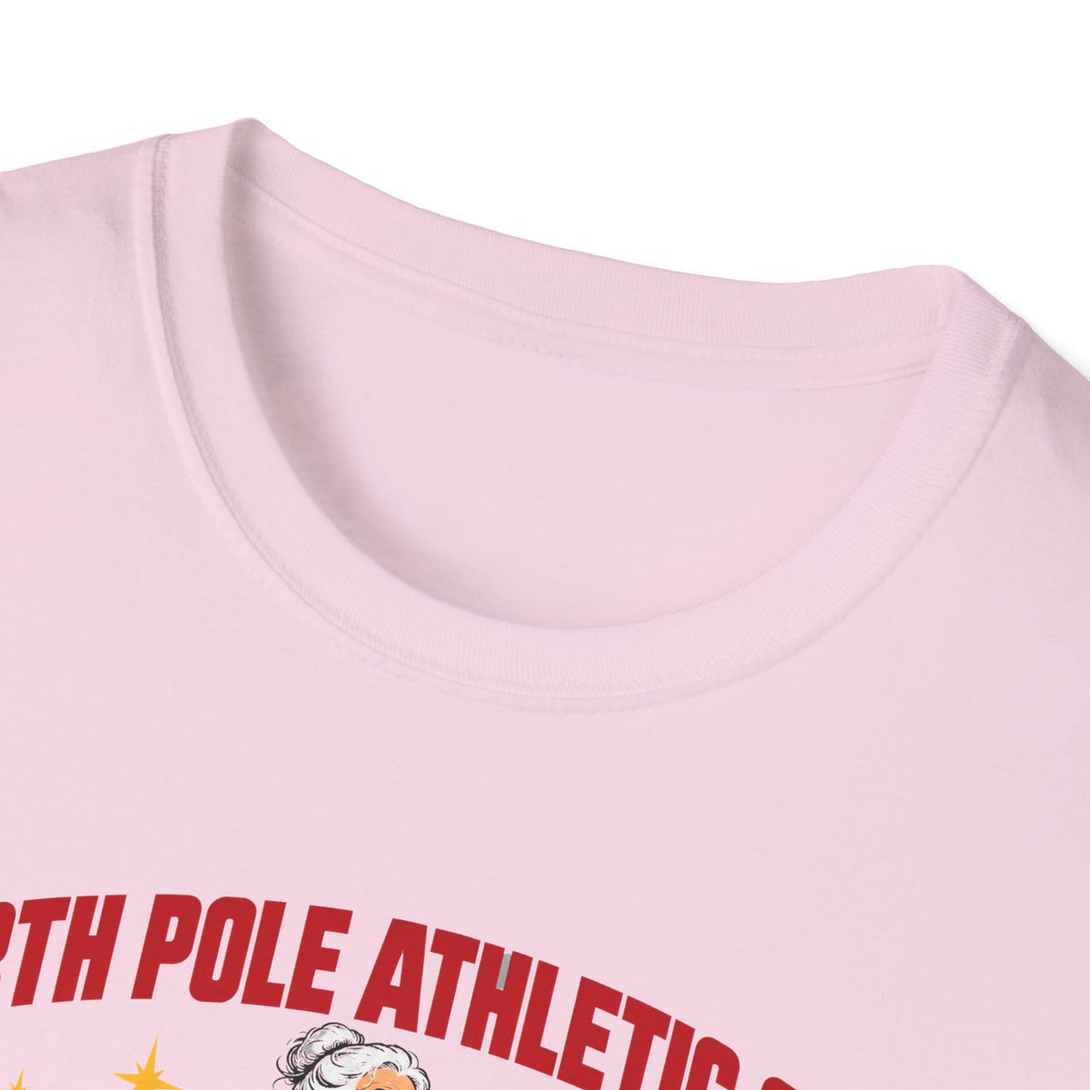 Close-up of the light pink t-shirt collar and the top of the print