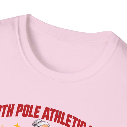 Close-up of the light pink t-shirt collar and the top of the print