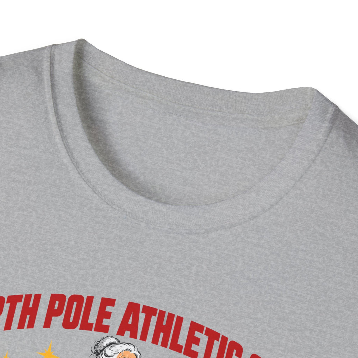 Close-up of the sport grey t-shirt collar and the top of the print