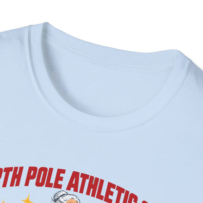 Close-up of the light blue t-shirt collar and the top of the print