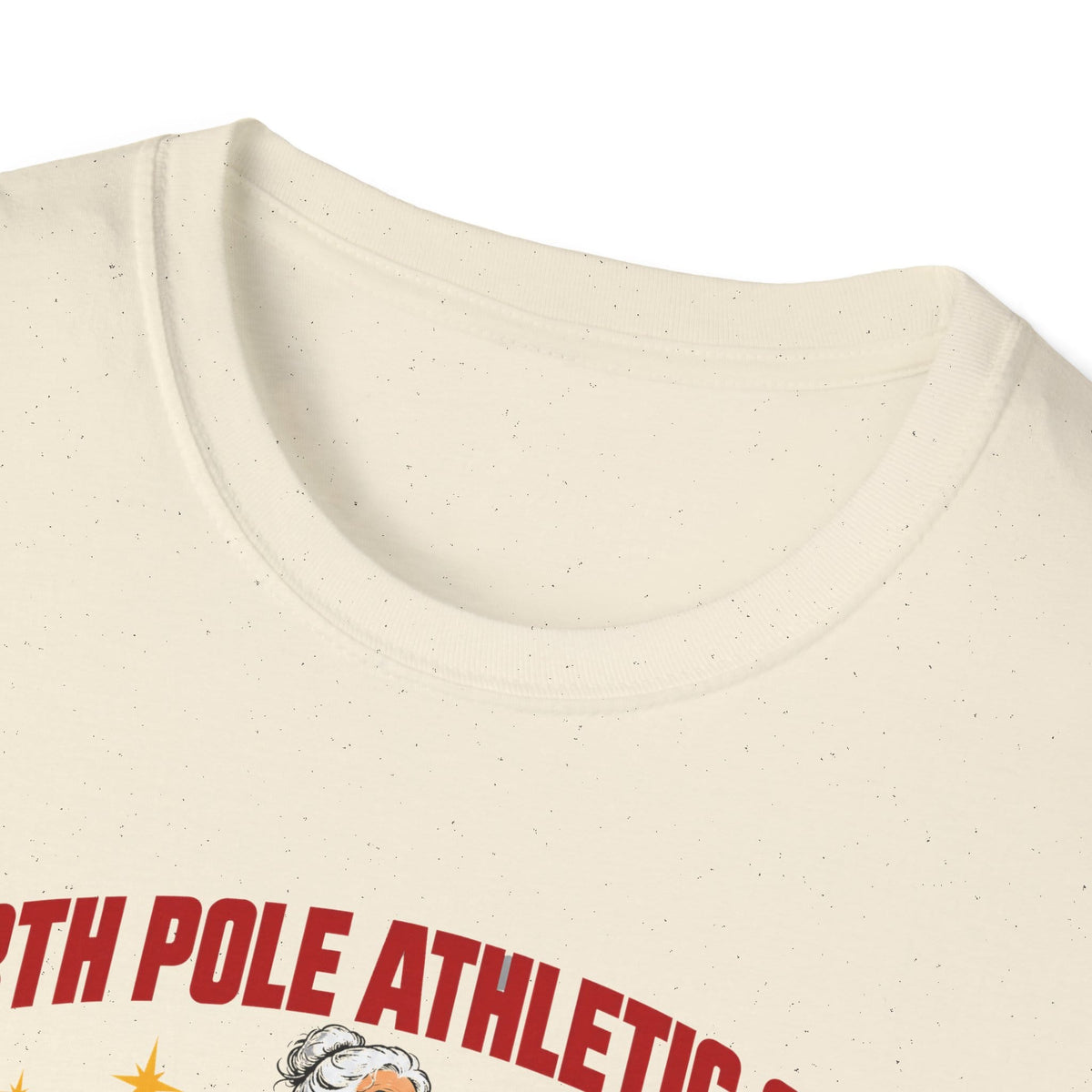 Close-up of the natural t-shirt collar and the top of the print