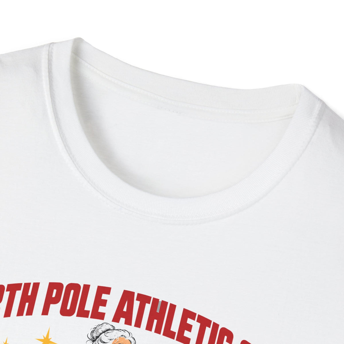 Close-up of the white t-shirt collar and the top of the print