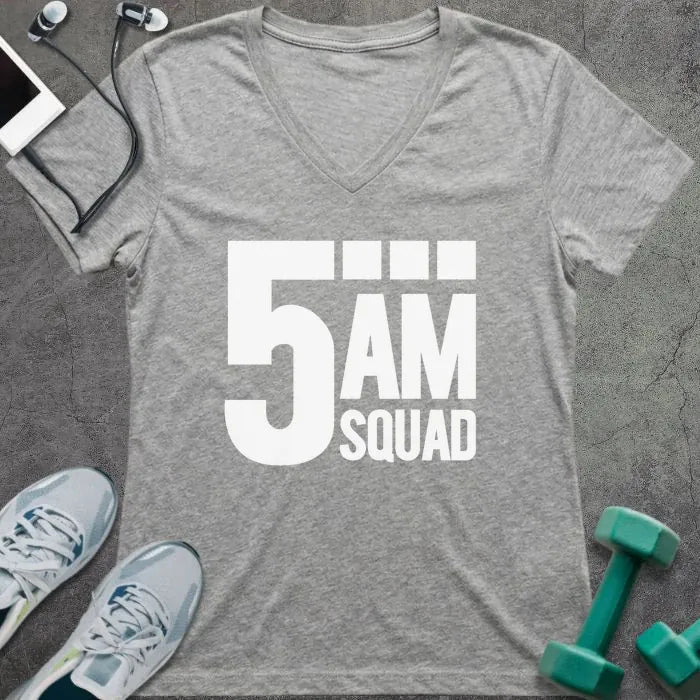 Athletic heather t-shirt printed with "5AM Squad"