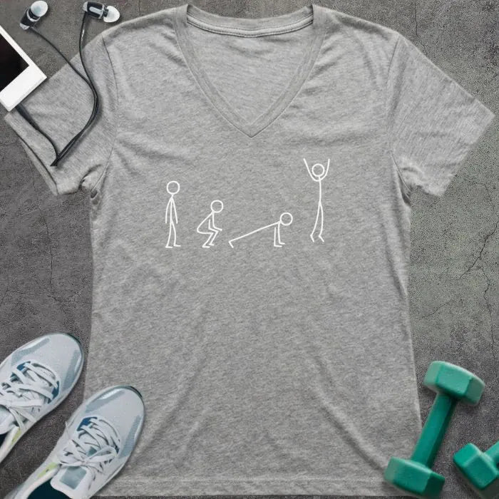 Athletic heather t-shirt with white stick figures showing the stages of a burpee