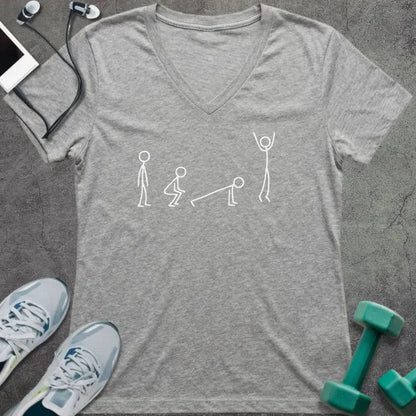 Athletic heather t-shirt with white stick figures showing the stages of a burpee