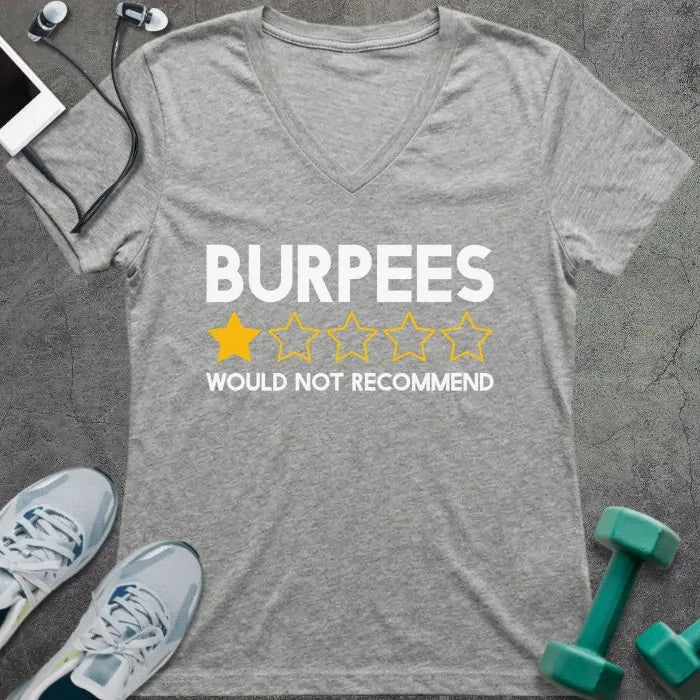 Athletic heather t-shirt printed with "Burpees Would Not Recommend" in yellow, white, with a one-star out of five star rating icon