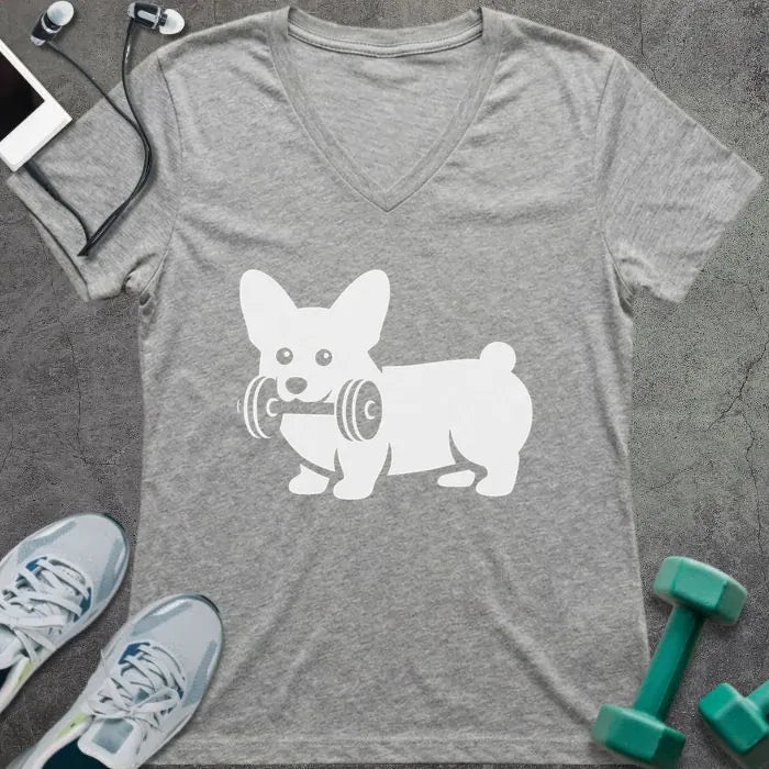 Athletic heather t-shirt with a corgi holding a dumbbell