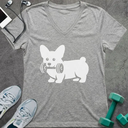 Athletic heather t-shirt with a corgi holding a dumbbell