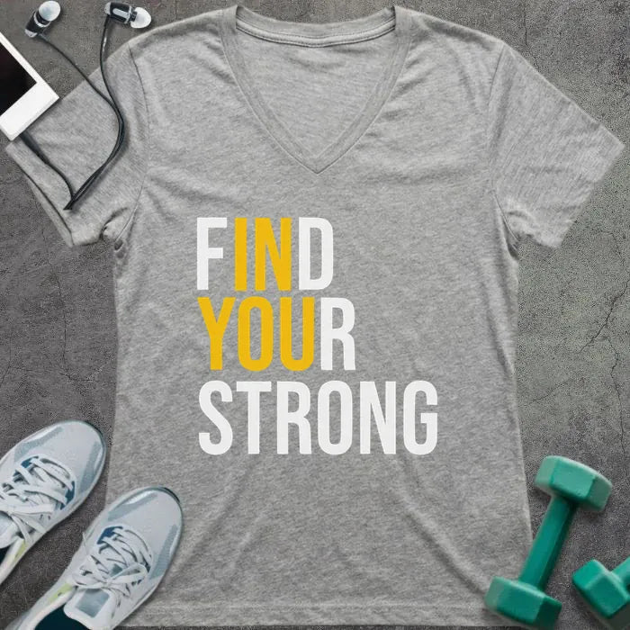 Athletic heather t-shirt printed with "Find Your Strong" in yellow and white