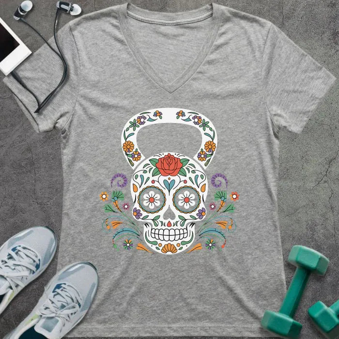 Athletic heather t-shirt with a decorative skull kettlebell design in multicolor