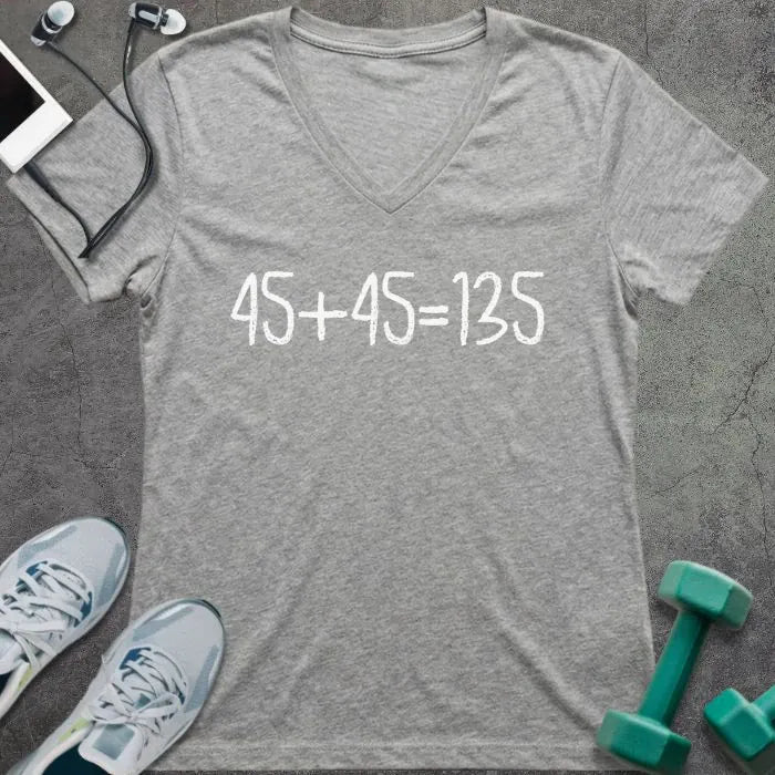 Athletic heather t-shirt printed with "45+45 135"