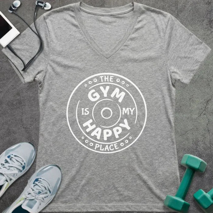 Athletic heather t-shirt printed with "The Gym is my Happy Place" in white, with a dumbbell inside a circle design