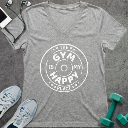 Athletic heather t-shirt printed with "The Gym is my Happy Place" in white, with a dumbbell inside a circle design