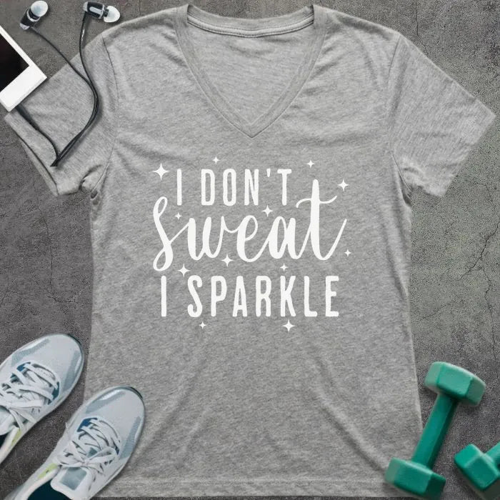 Athletic heather t-shirt printed with "I Don't Sweat, I Sparkle" in white, with sparkle graphics