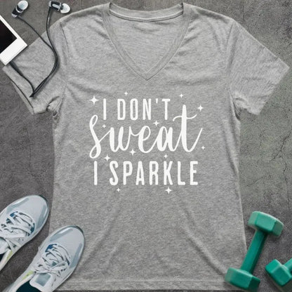 Athletic heather t-shirt printed with "I Don't Sweat, I Sparkle" in white, with sparkle graphics