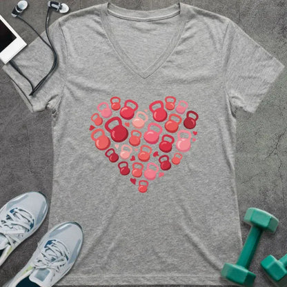 Athletic heather t-shirt with kettlebells arranged in a heart shape in pink and red