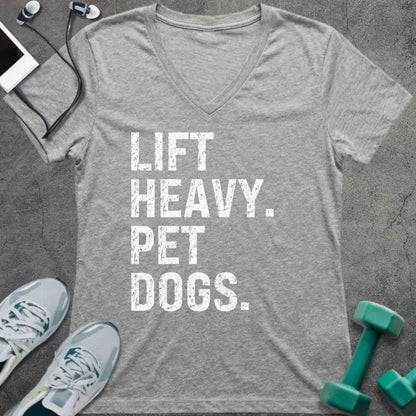 Athletic heather t-shirt printed with "Lift Heavy. Pet Dogs."