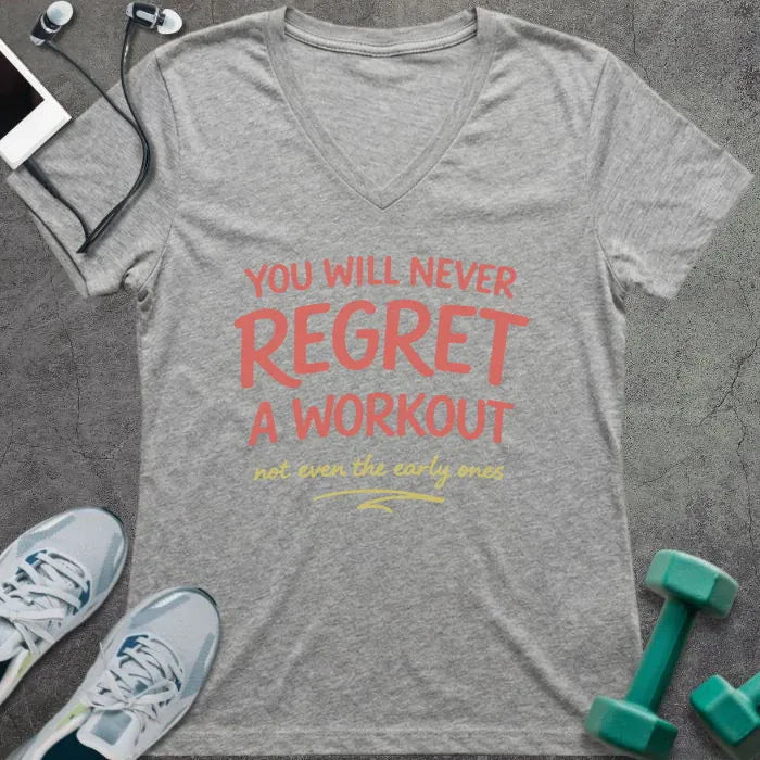 Athletic heather t-shirt printed with "You Will Never Regret a Workout" in pink and yellow